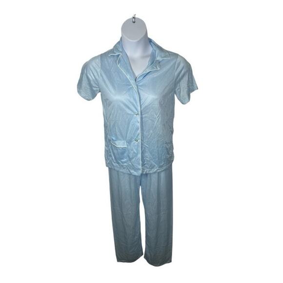 Sears Vintage Baby Blue Nylon 2 Piece Pajama Set Button Short Sleeve Top & Pants - Picture 10 of 12